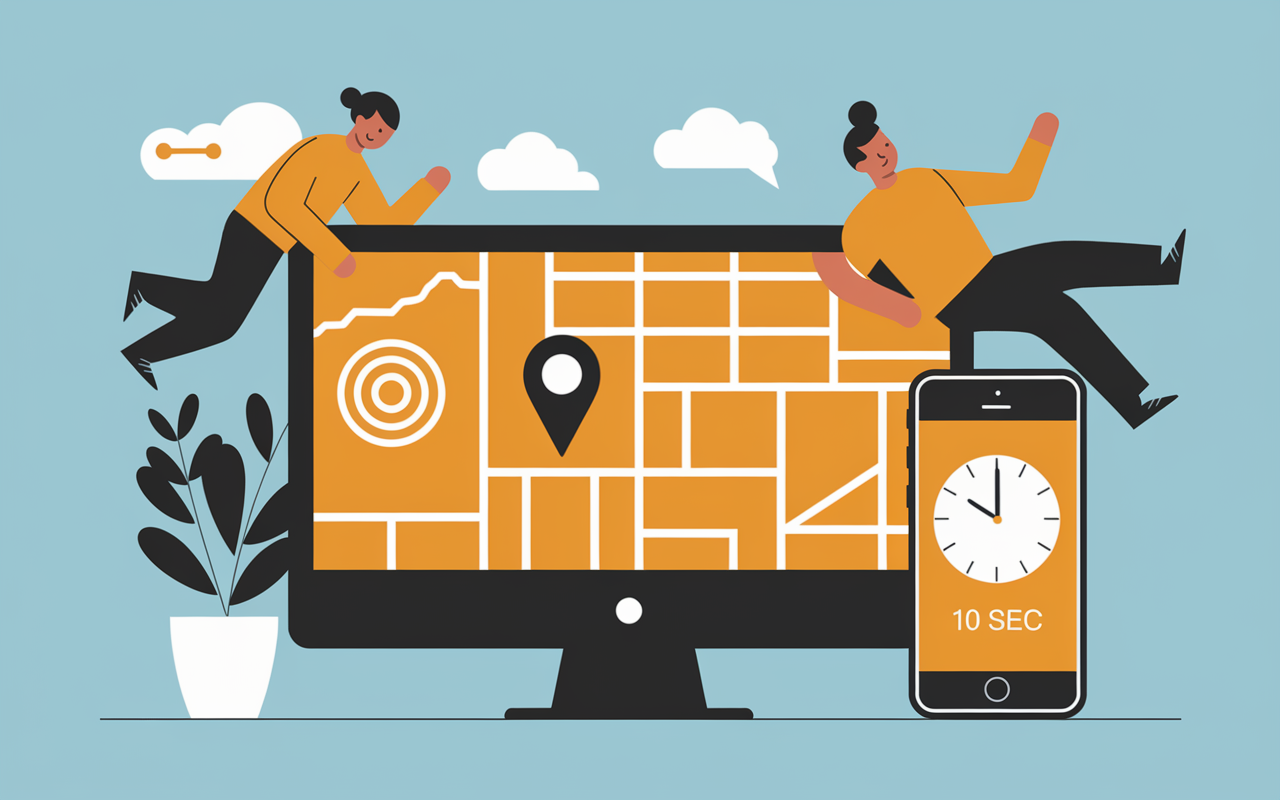 Localisation mobile, carte sur écran, GPS, chronomètre 10 sec