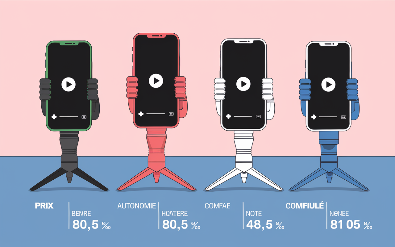quatre stabilisateurs smartphone en mode vidéo sur table