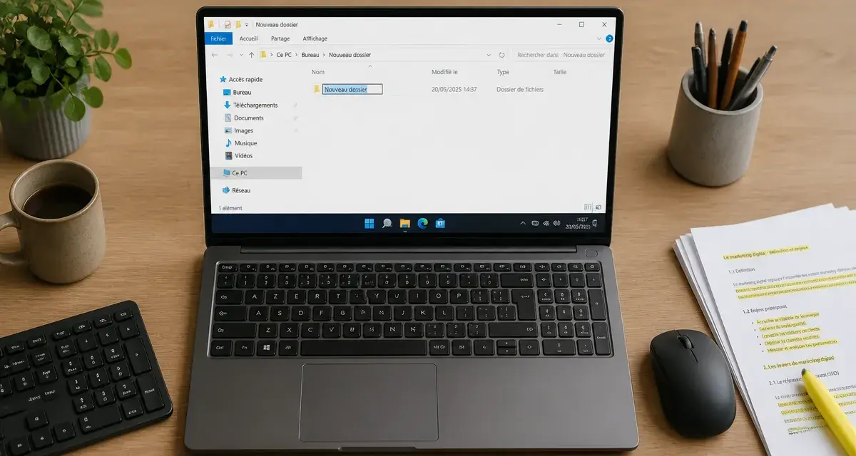 Creer un dossier sur pc : bureau avec explorateur Windows et nouveau dossier