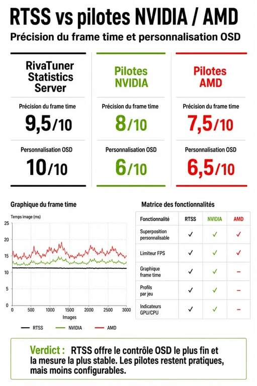 Infographie comparative des fonctionnalités de RivaTuner Statistics Server par rapport aux pilotes graphiques