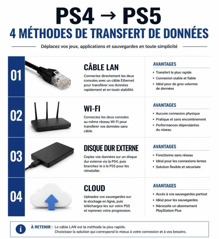 Infographie comparative des méthodes pour transférer ses données de PS4 vers PS5