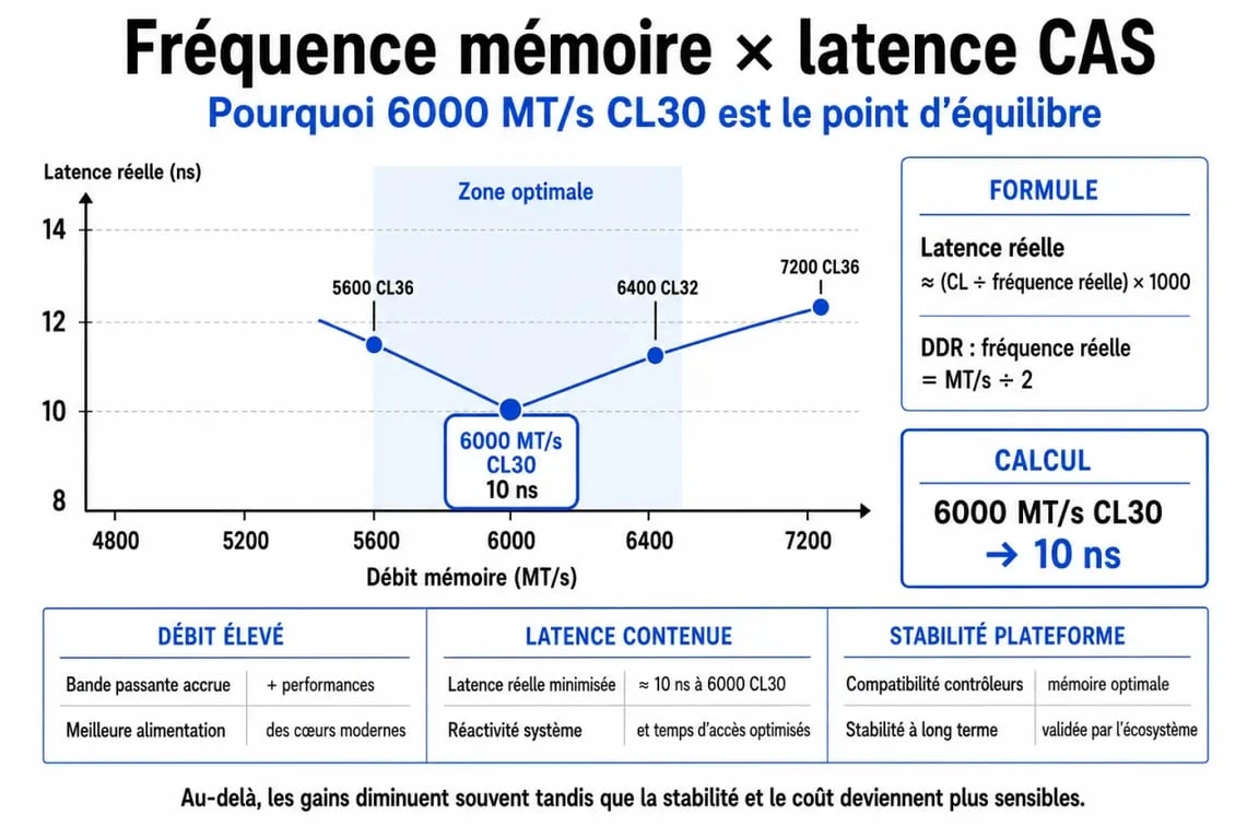Infographie technique sur le choix de la meilleure RAM DDR5 : équilibre entre fréquence et latence