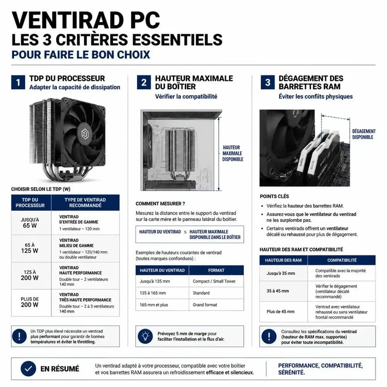 Infographie des critères de choix pour les meilleurs ventirad PC : TDP, dimensions et compatibilité RAM.