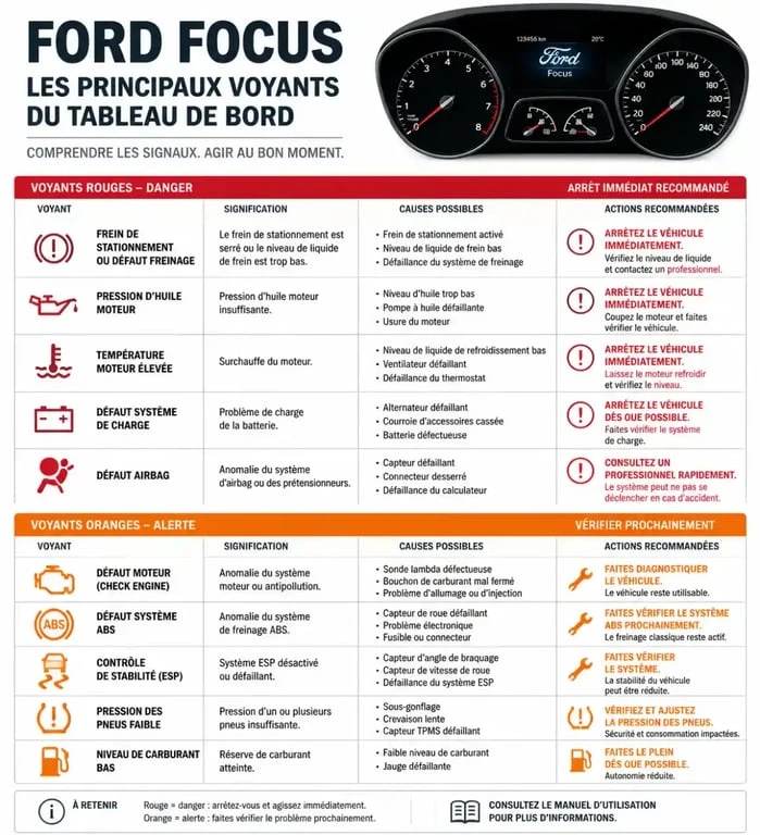 Signification des voyants du tableau de bord Ford Focus : guide visuel des alertes rouges et orange