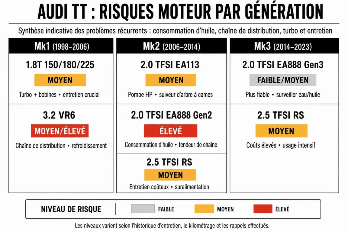 Infographie comparative des modèles d'Audi TT à éviter lors d'un achat d'occasion