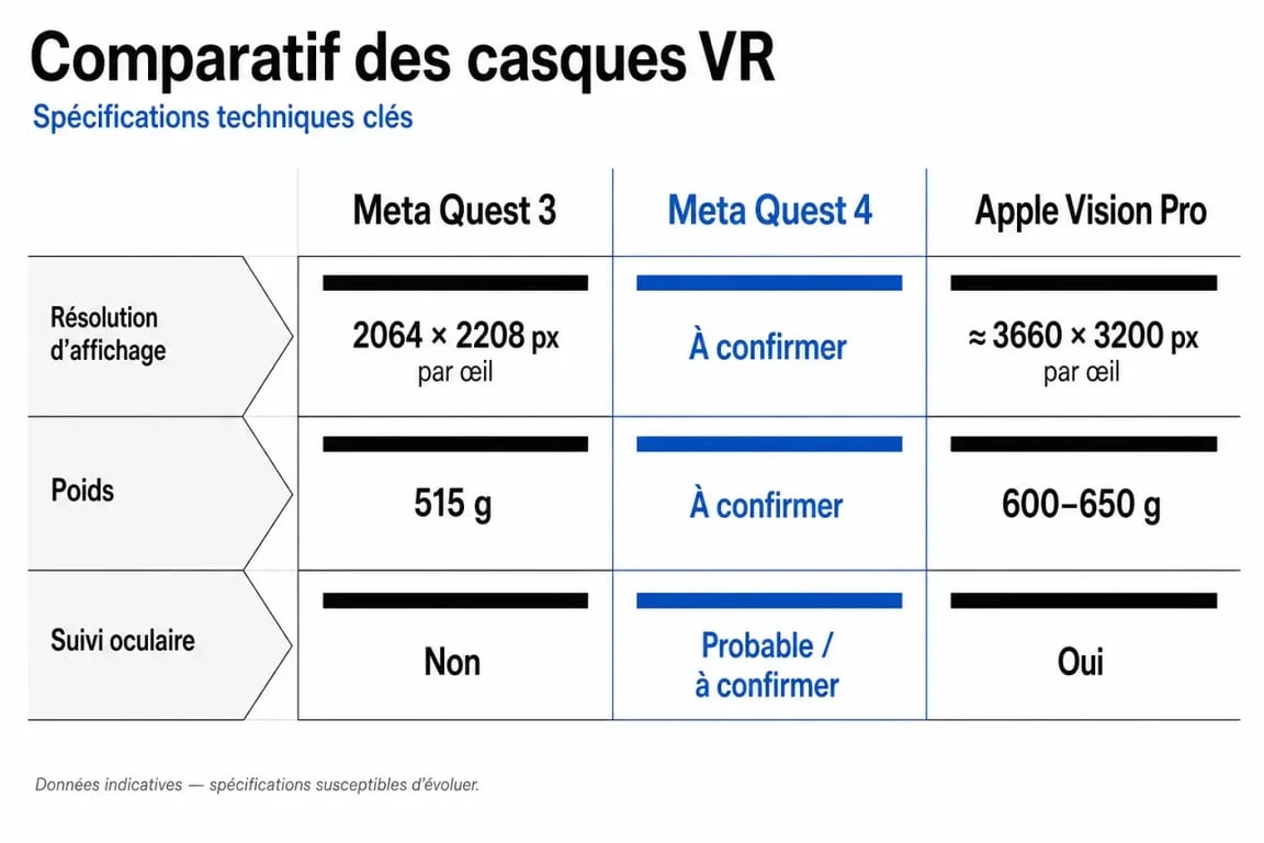 Comparatif technique des casques de réalité virtuelle Meta Quest 3, Meta Quest 4 et Apple Vision Pro