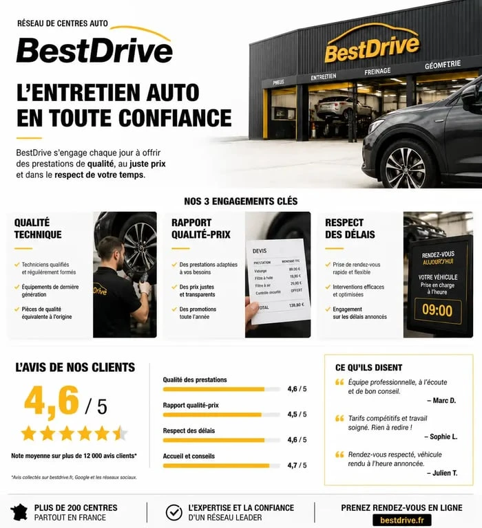Infographie récapitulative des avis clients et points forts du réseau BestDrive pour l'entretien automobile