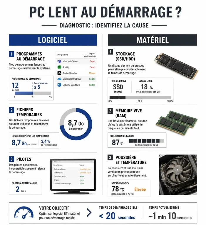 Infographie de diagnostic pour un PC lent à démarrer : solutions logicielles et matérielles