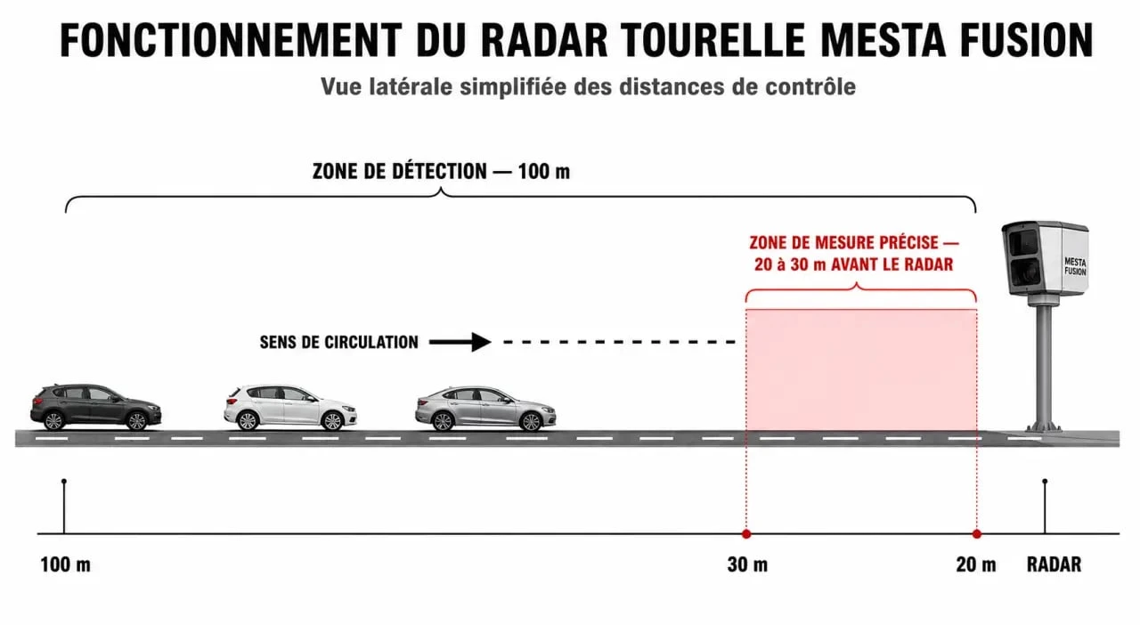 Schéma technique du fonctionnement et de la portée du radar tourelle Mesta Fusion