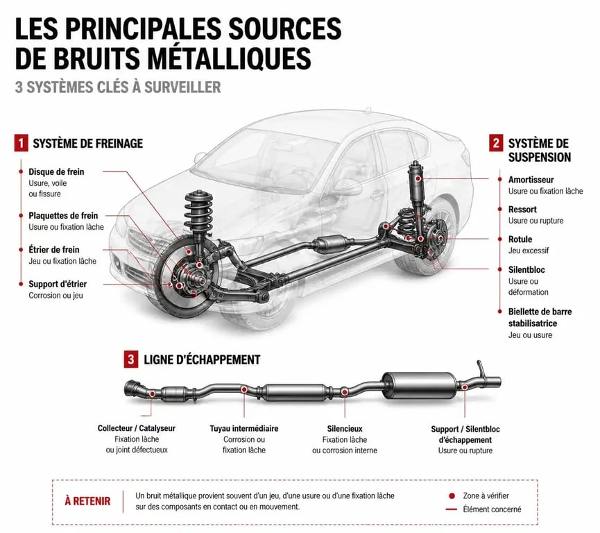 Schéma des pièces mécaniques pouvant causer un bruit de ferraille quand je roule