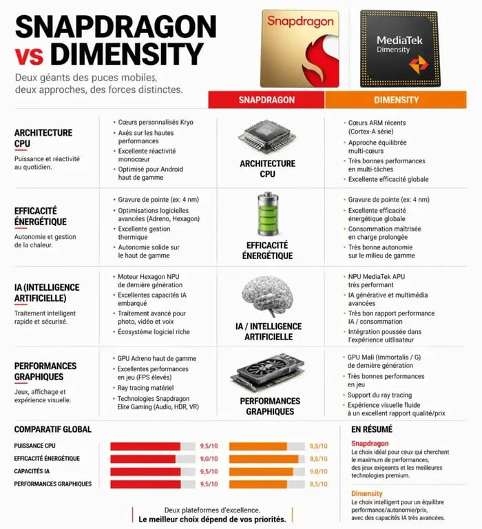 Infographie comparative des processeurs Snapdragon vs MediaTek pour aider au choix de votre smartphone