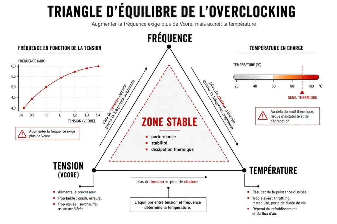 Infographie sur l'équilibre entre fréquence, tension et température pour overclocker son processeur