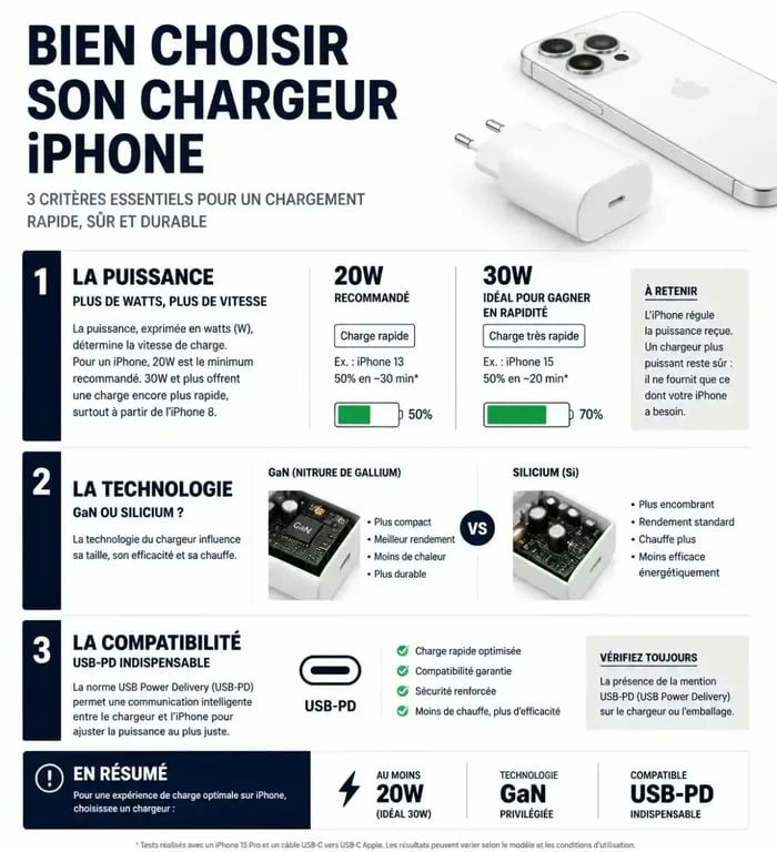 Infographie comparative des technologies de charge pour le meilleur chargeur iPhone