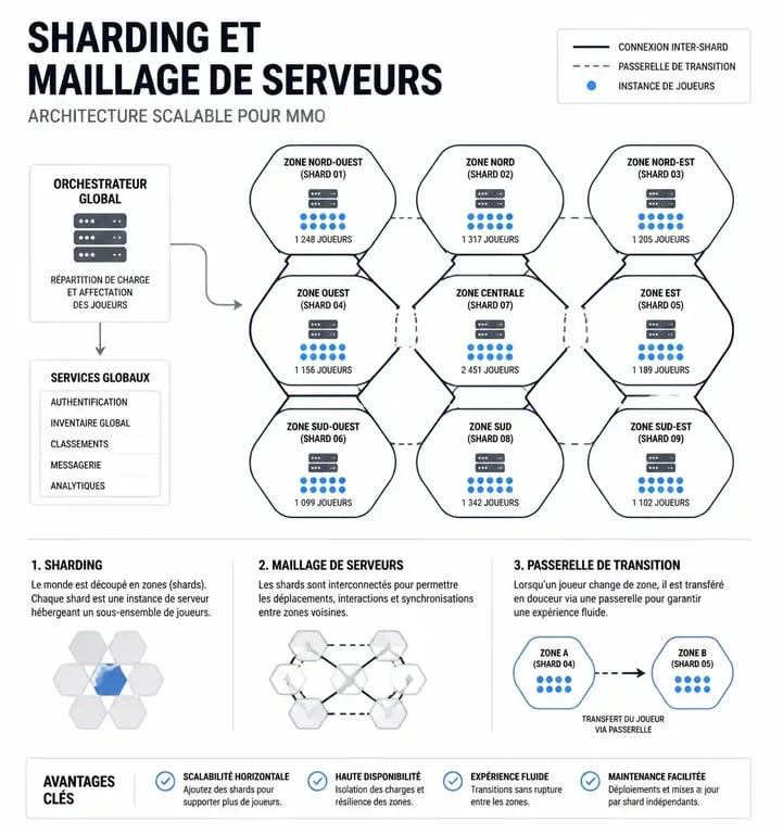 Schéma technique du sharding et maillage des serveurs officiels de Dune Awakening