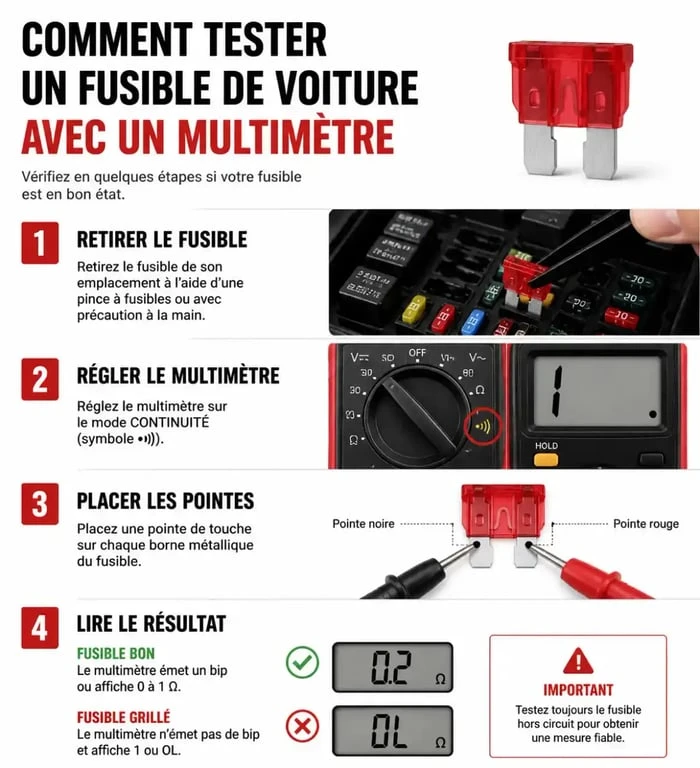 Infographie montrant comment tester un fusible de voiture avec un multimètre