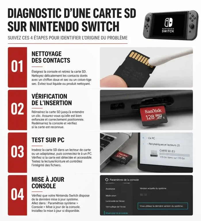 Infographie des étapes de diagnostic pour résoudre un problème de carte SD sur Nintendo Switch