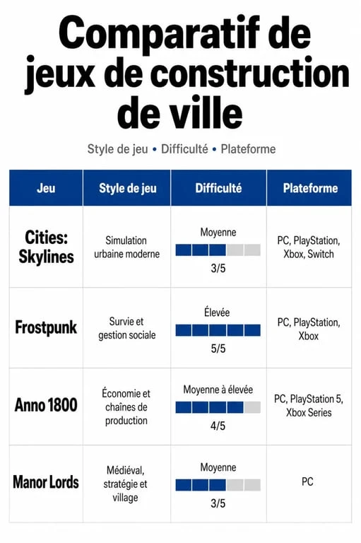 Infographie comparative des meilleurs city builder : Cities: Skylines, Frostpunk, Anno 1800 et Manor Lords pour choisir son jeu de gestion.