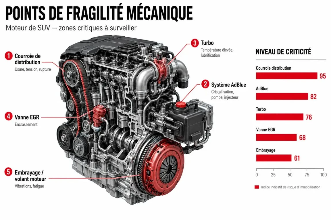 Schéma des points de vigilance mécanique pour la fiabilité Peugeot 3008