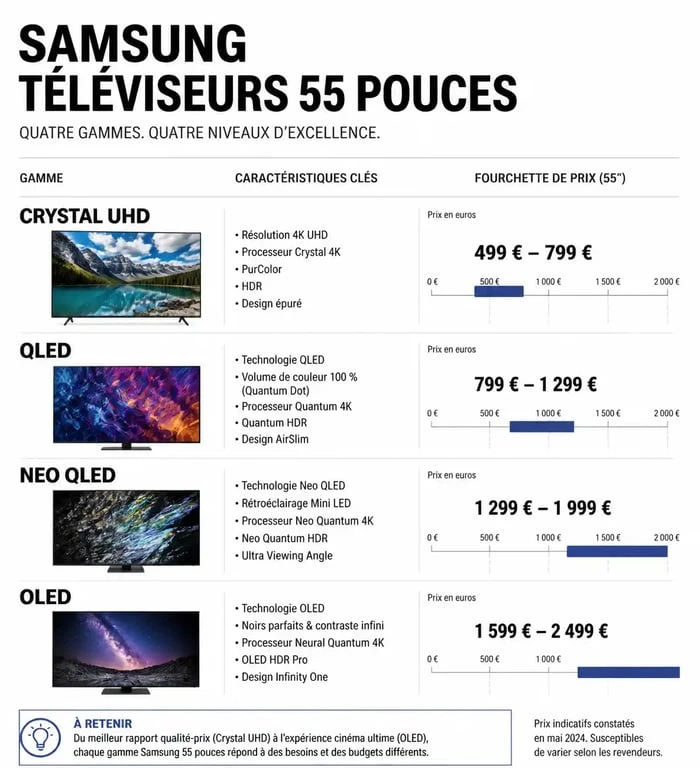 Infographie comparative des prix et technologies des téléviseurs Samsung 55 pouces