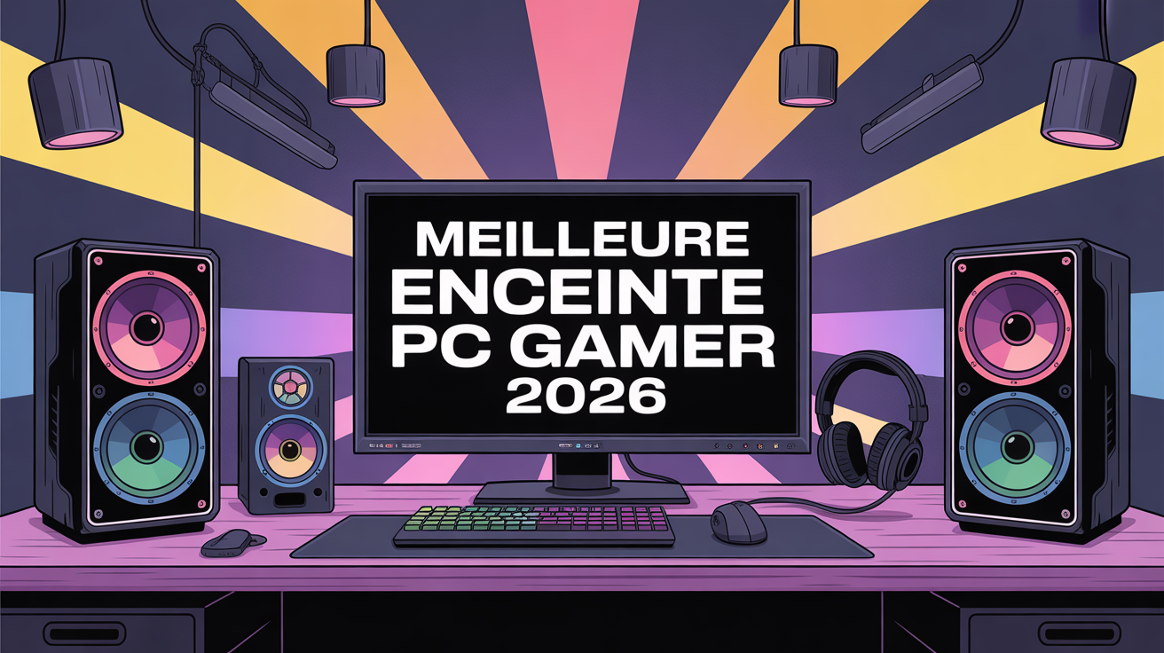 meilleur enceinte pc gamer illustrant un bureau gaming moderne 2026