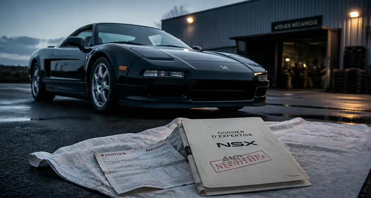 Acura/Honda NSX sur parking industriel, vue trois-quarts avant