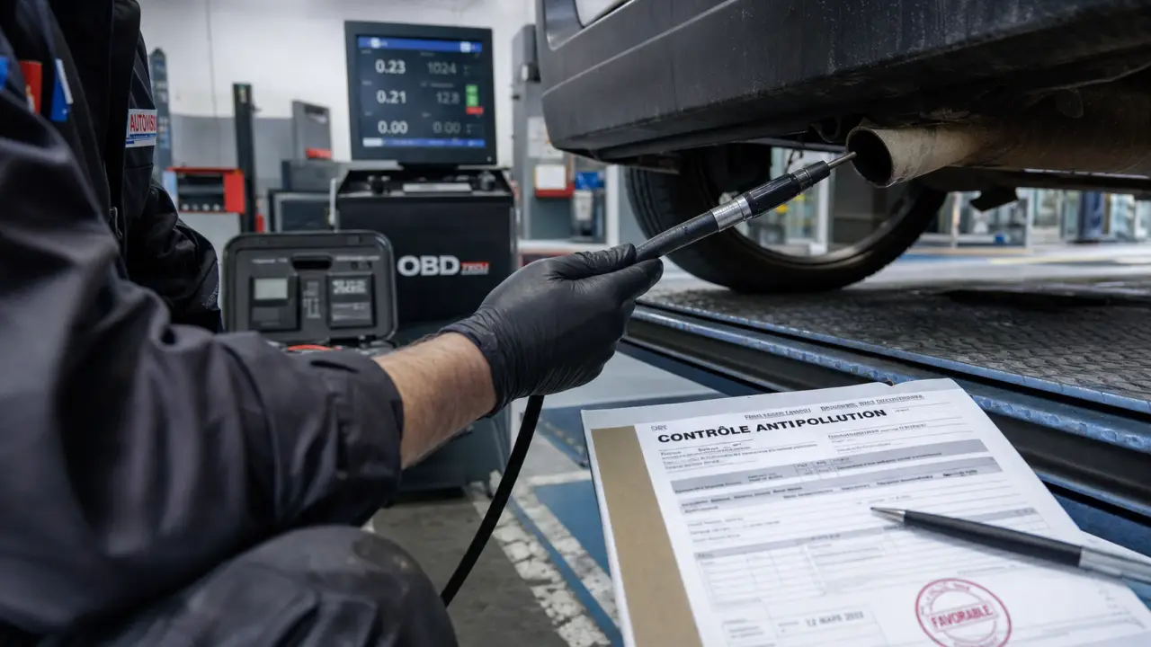 Controle anti pollution : contrôleur mesure près du pot d’échappement d’un utilitaire