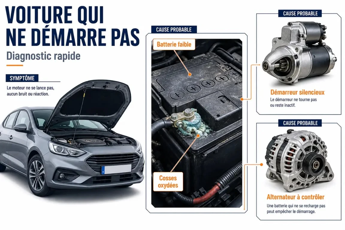 Voiture ne démarre pas mais radio fonctionne : schéma éditorial des causes probables et vérifications rapides
