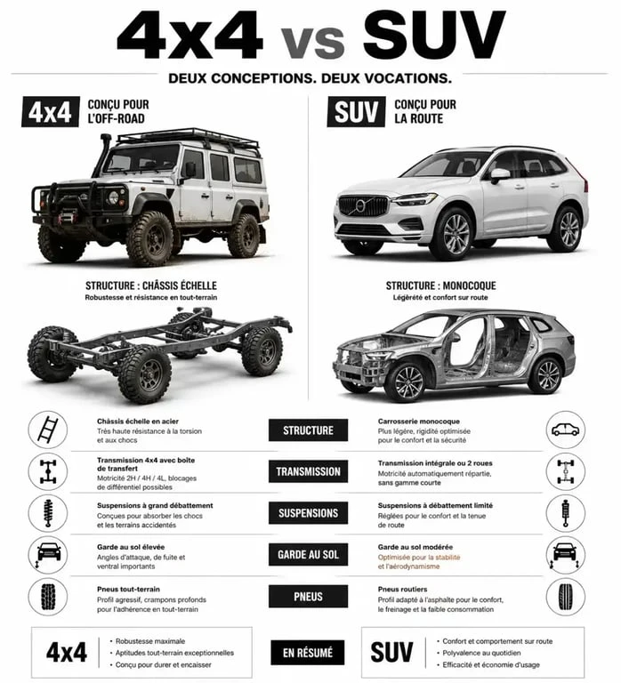 Infographie comparative : différence entre 4x4 et SUV pour choisir son véhicule