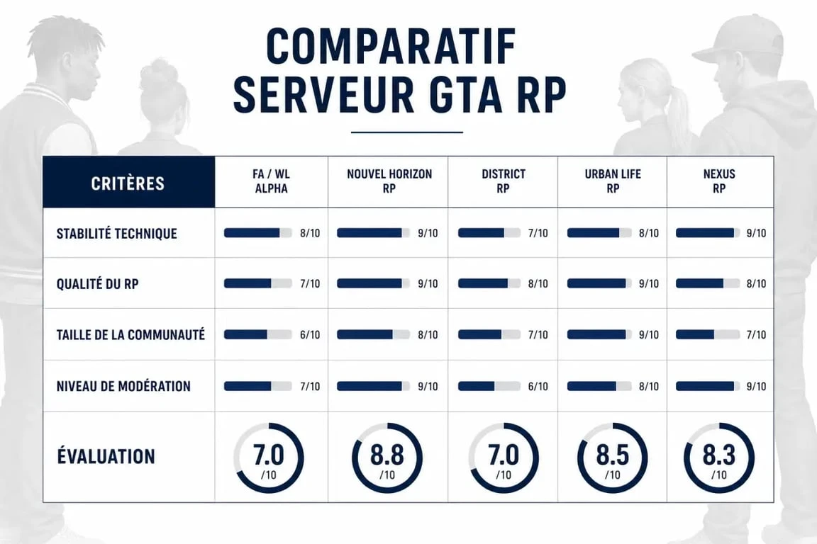 Comparatif visuel pour choisir un serveur gta rp avec critères FA, WL, stabilité et qualité du RP