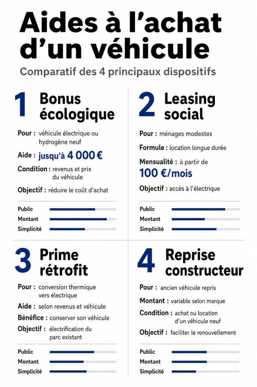 Infographie comparative des aides et prime reprise voiture : bonus écologique, leasing social et prime rétrofit.