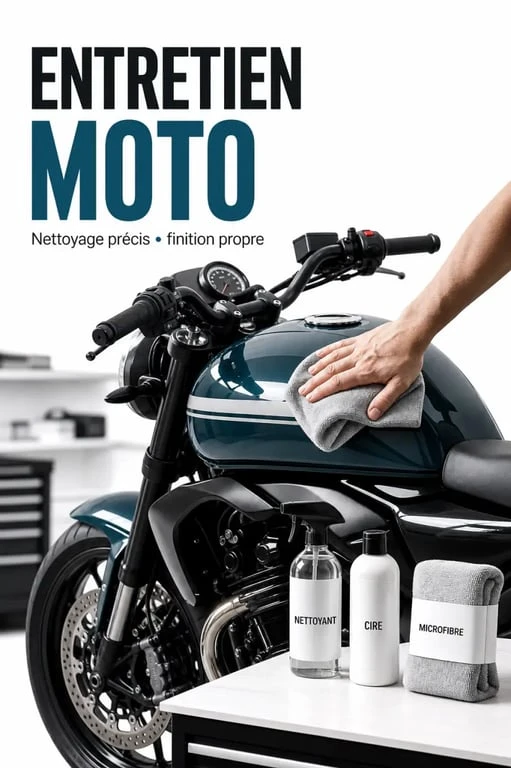 Produit entretien moto : entretien doux d’une moto avec chiffon microfibre et flacons de nettoyage