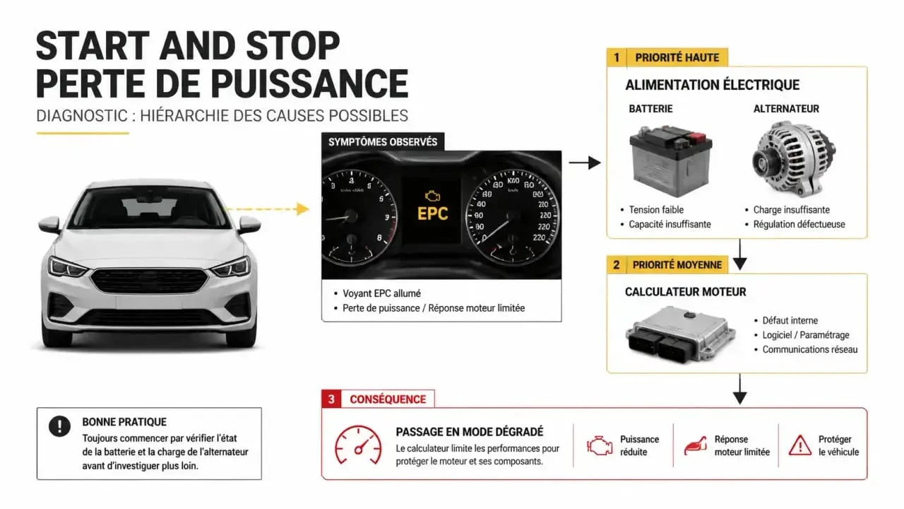 Défaut Start and Stop et perte de puissance : schéma simplifié des causes batterie, alternateur et mode dégradé