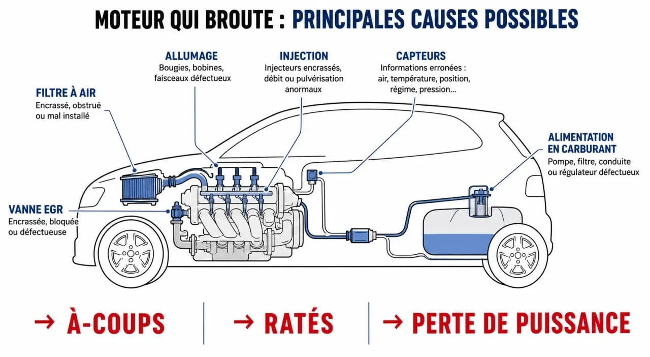 Voiture broute : schéma des causes possibles dans le moteur, l’allumage et l’injection