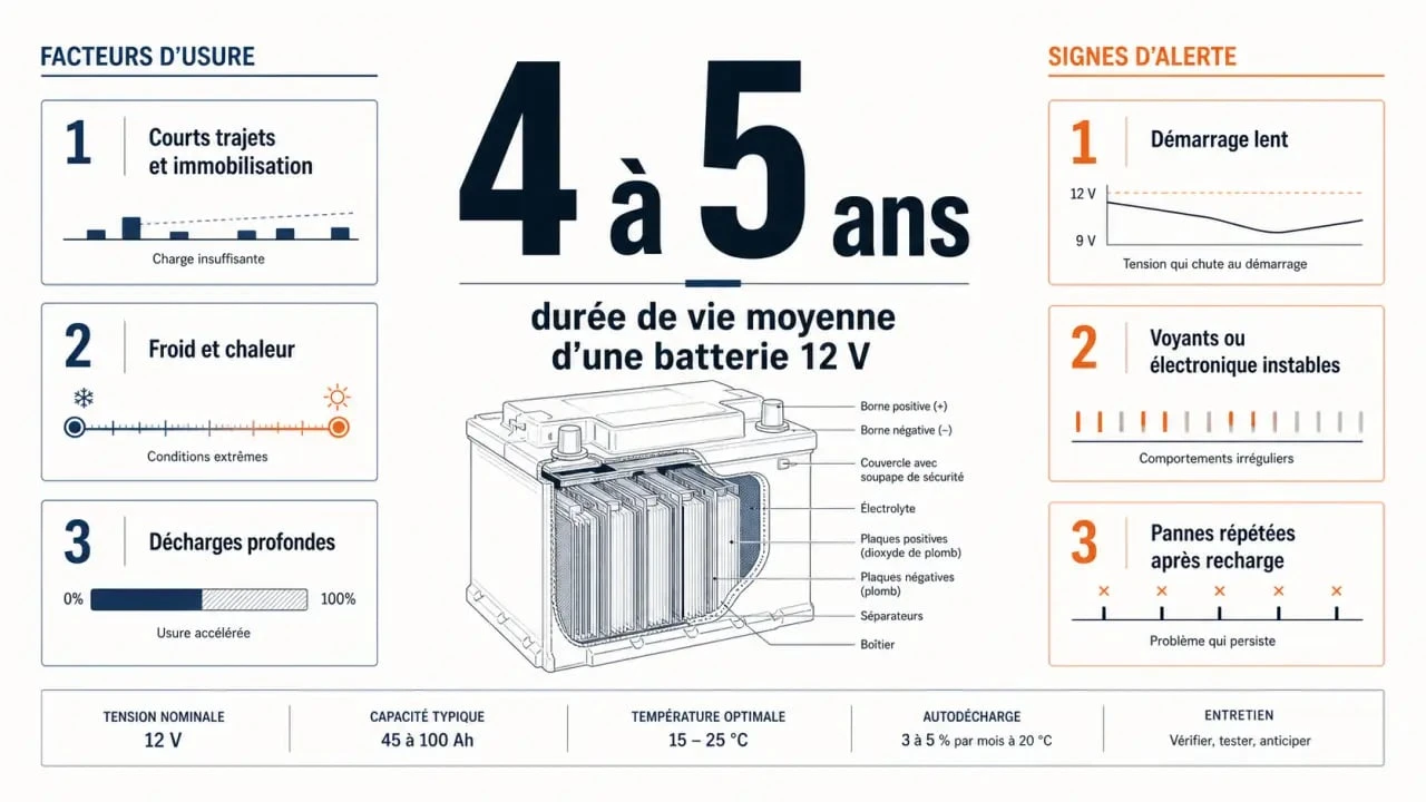 Durée de vie batterie de voiture : repères de 4 à 5 ans, facteurs d’usure et signes de faiblesse