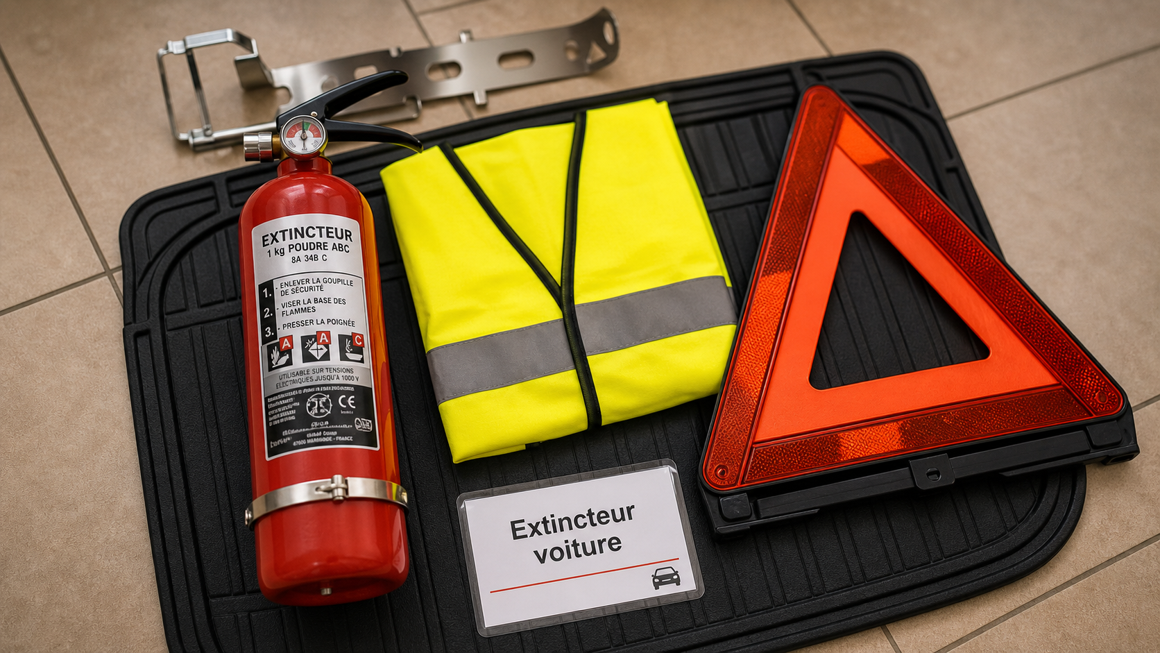 Extincteur pour voiture obligatoire avec gilet et triangle