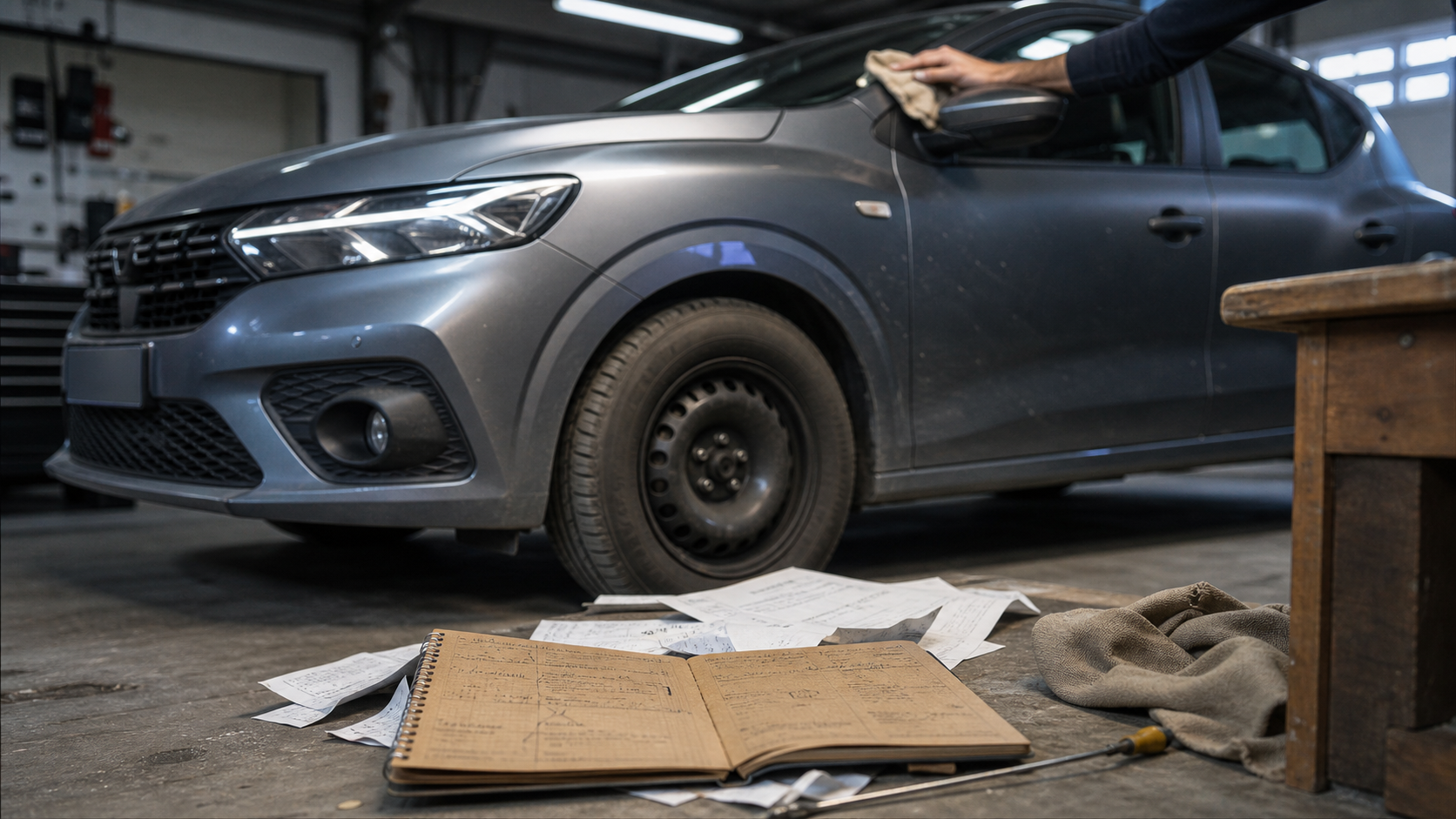 Fiabilité dacia sandero : Dacia Sandero en garage avec carnet d’entretien