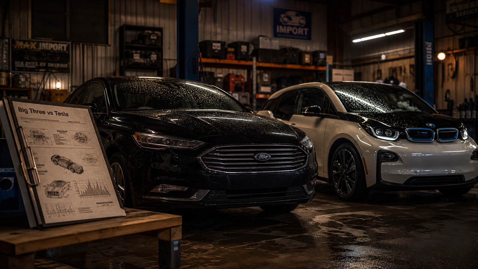 Marque voiture americaine en atelier d’importation : berline noire et voiture électrique compacte
