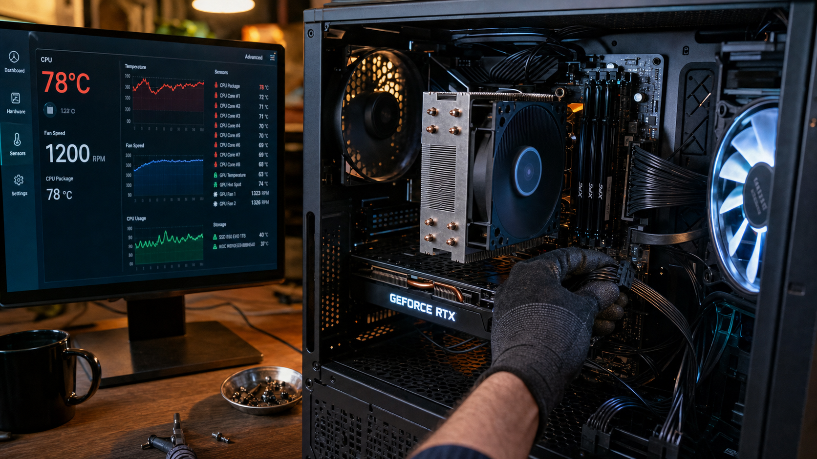 Voir temperature cpu : PC ouvert, température CPU 78°C
