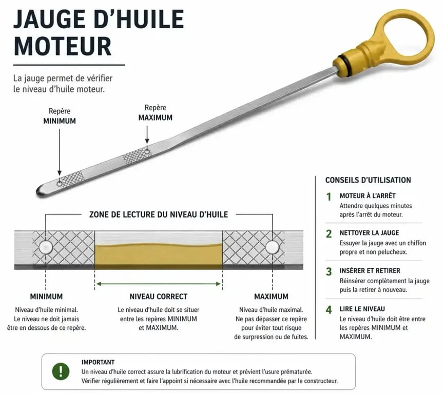 Schéma explicatif pour contrôler le niveau d'huile moteur avec les repères mini et maxi