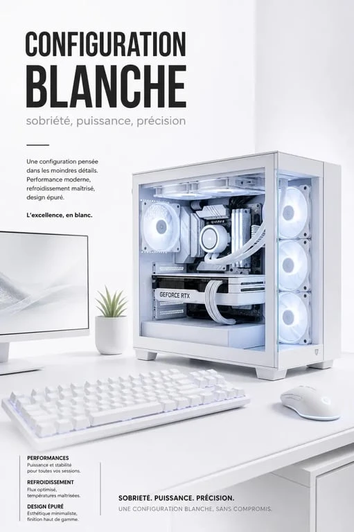PC gaming blanc avec boîtier blanc, composants assortis et câblage soigné