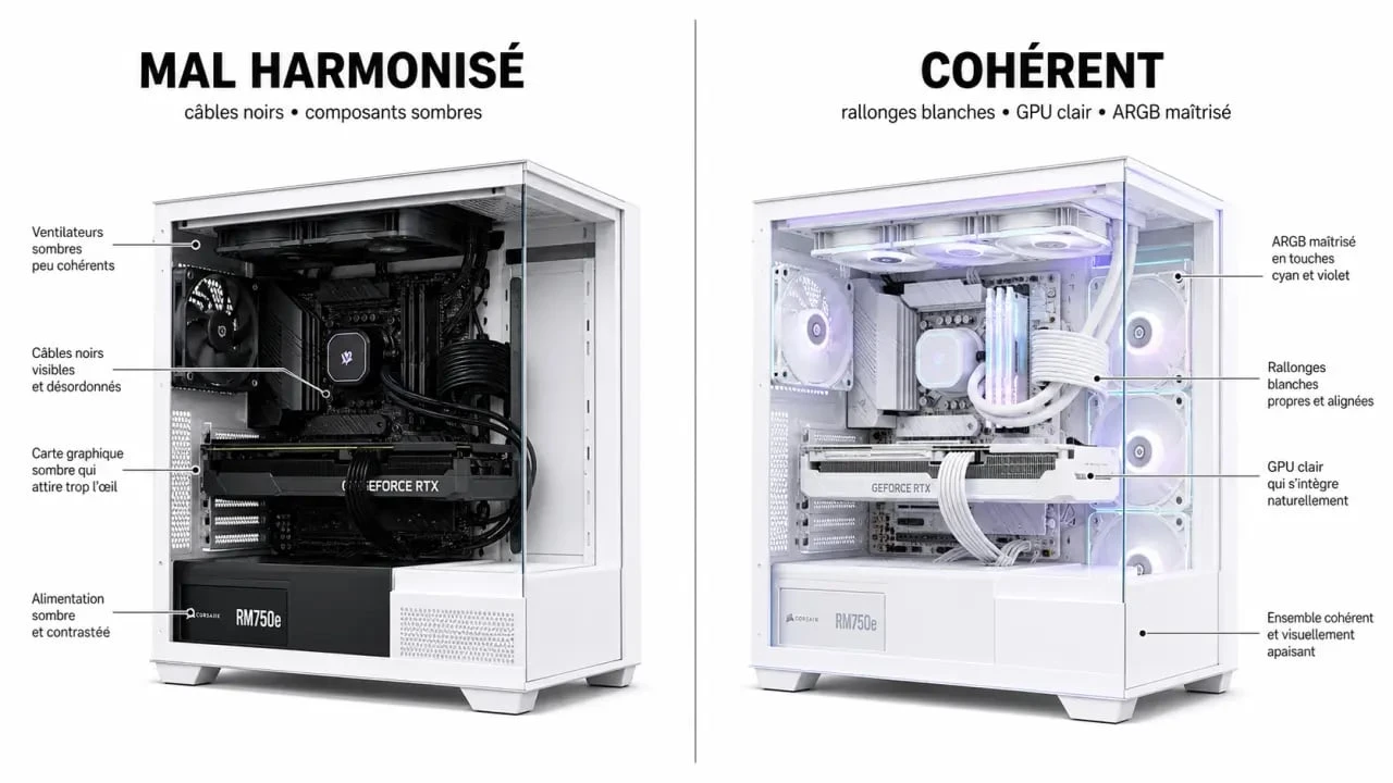 PC gaming blanc avant et après avec câbles noirs puis câbles blancs et harmonie visuelle améliorée