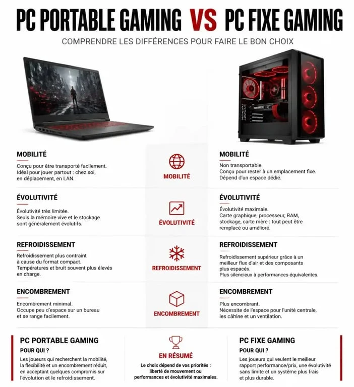 Infographie comparative PC portable gaming vs PC fixe gaming pour achat sur Back Market