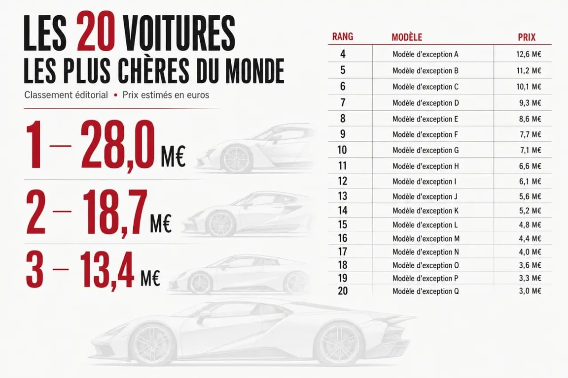 Top 20 des voitures les plus chères du monde illustré par un classement visuel premium