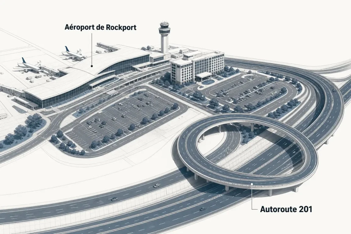 Illustration de need for speed most wanted 2 airport montrant Rockport Airport et Highway 201
