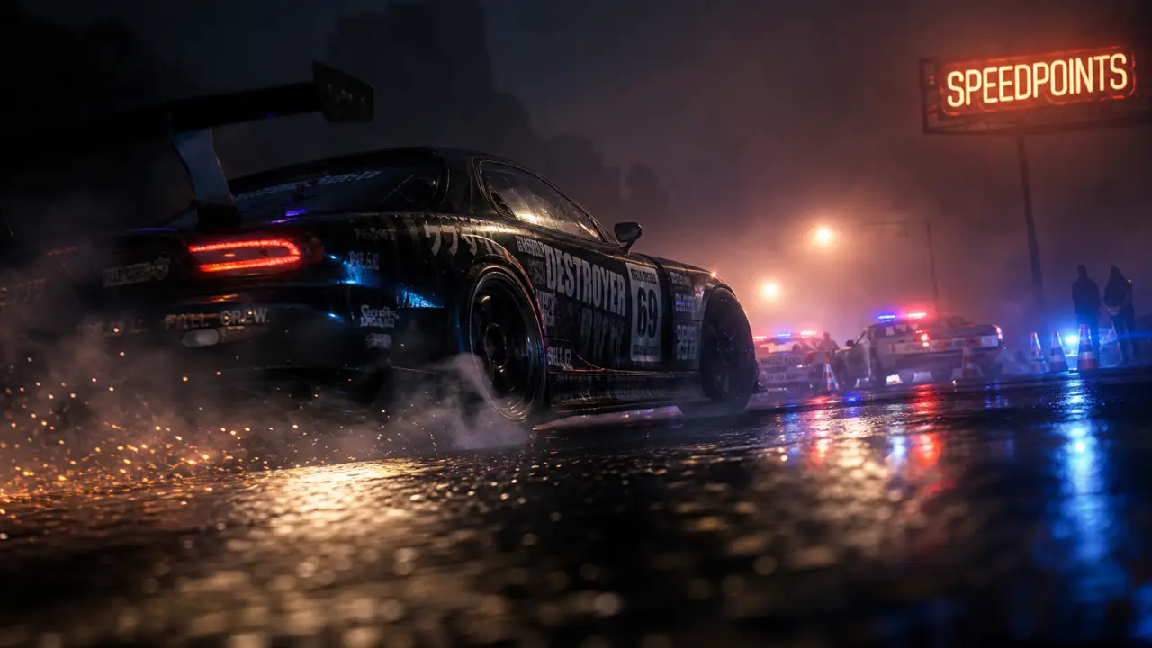 Need for Speed Speed Rivals : voiture noir SPEEDPOINTS sur route humide, police et brouillard