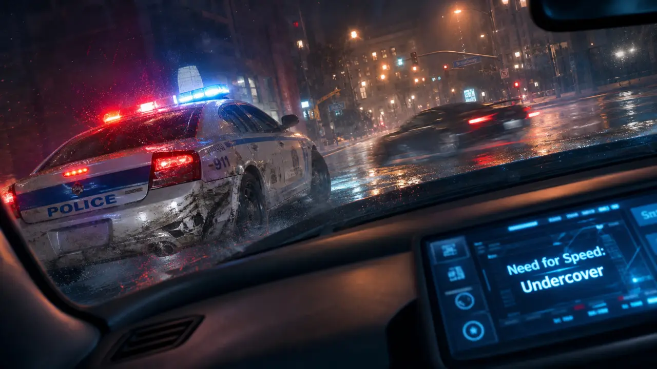 need for speed undercover : berline de police et voiture de course sur route humide, poursuite live action