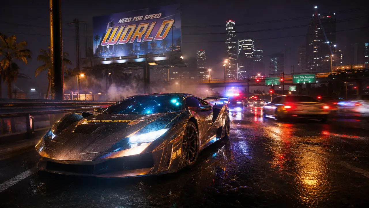NFS Need for Speed World : supercar et voitures de police sous néons nocturnes