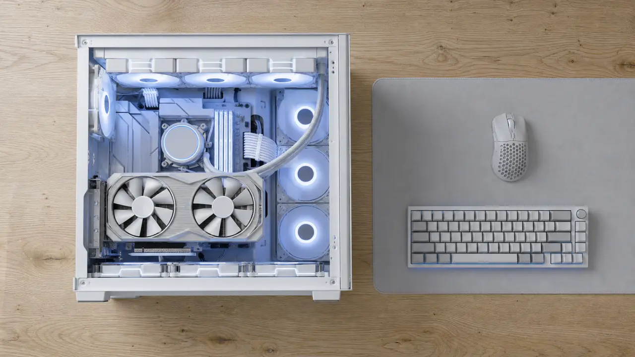 PC gaming blanc : boîtier blanc, carte graphique blanche et câbles ARGB blancs