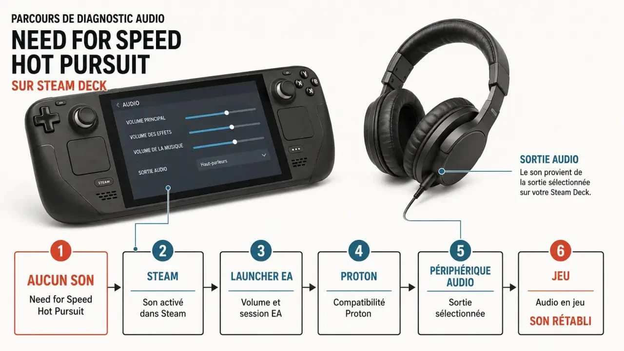 Schéma de dépannage Need for Speed Hot Pursuit no sound entre Steam, Proton, le launcher EA et la sortie audio