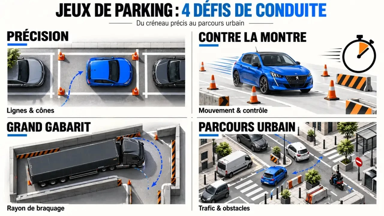 Jeux voiture de parking : types de défis, véhicules et environnements